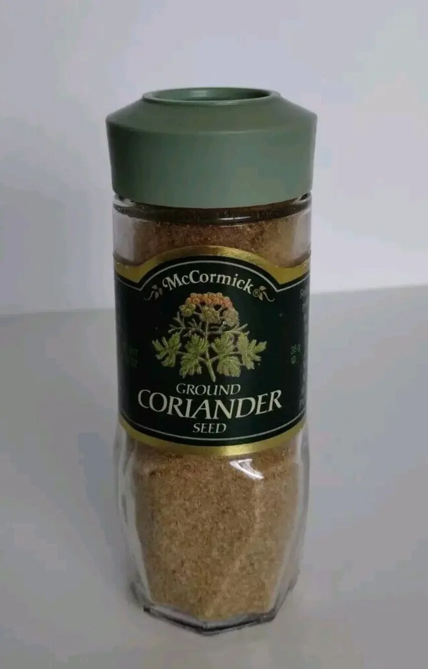 Vintage McCormick Spice Ground Coriander Seed Glass Jar Green Lid 1.25 oz - Exp